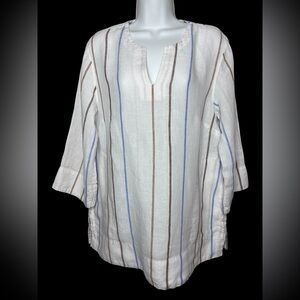 Lands End Womens Striped Sleeve Linen Tunic Size M White Pockets V Neck Beachy